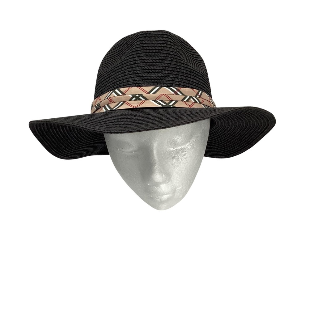 Odiva Womens Sun Hat One Size Black‎ Plaid Ribbon Wide Brim Straw Summer Chic
